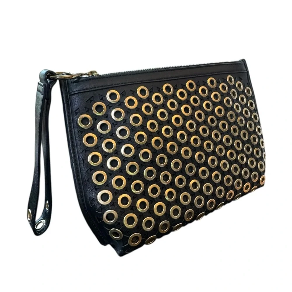 Sam Edelman Faux Leather Black and Silver Eyelet Wristlet Bag